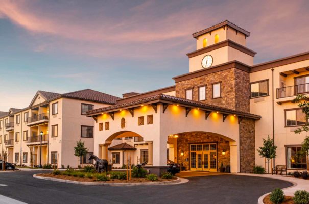 Beautiful exterior sunset view of The Park at Modesto Independent living community in California