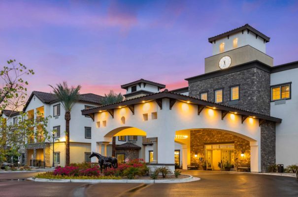 Beautiful exterior sunset view of The Park at Copper Creek senior living community in chandler arizona